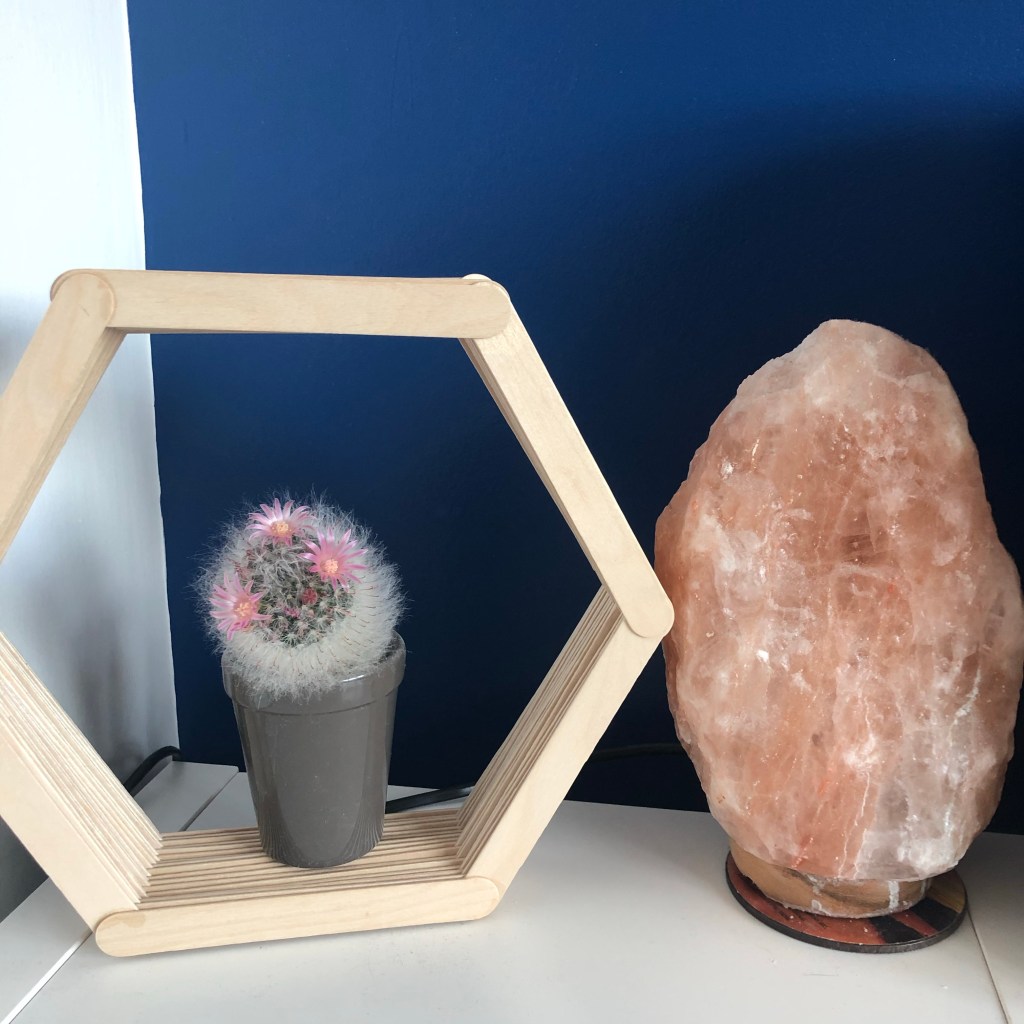 a hexagon wall shelf made out of lollypop sticks