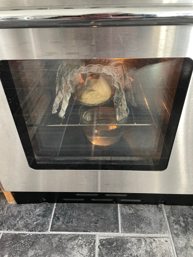 a silver oven with a glass door. Inside the oven is some dough, covered with a tea towel.